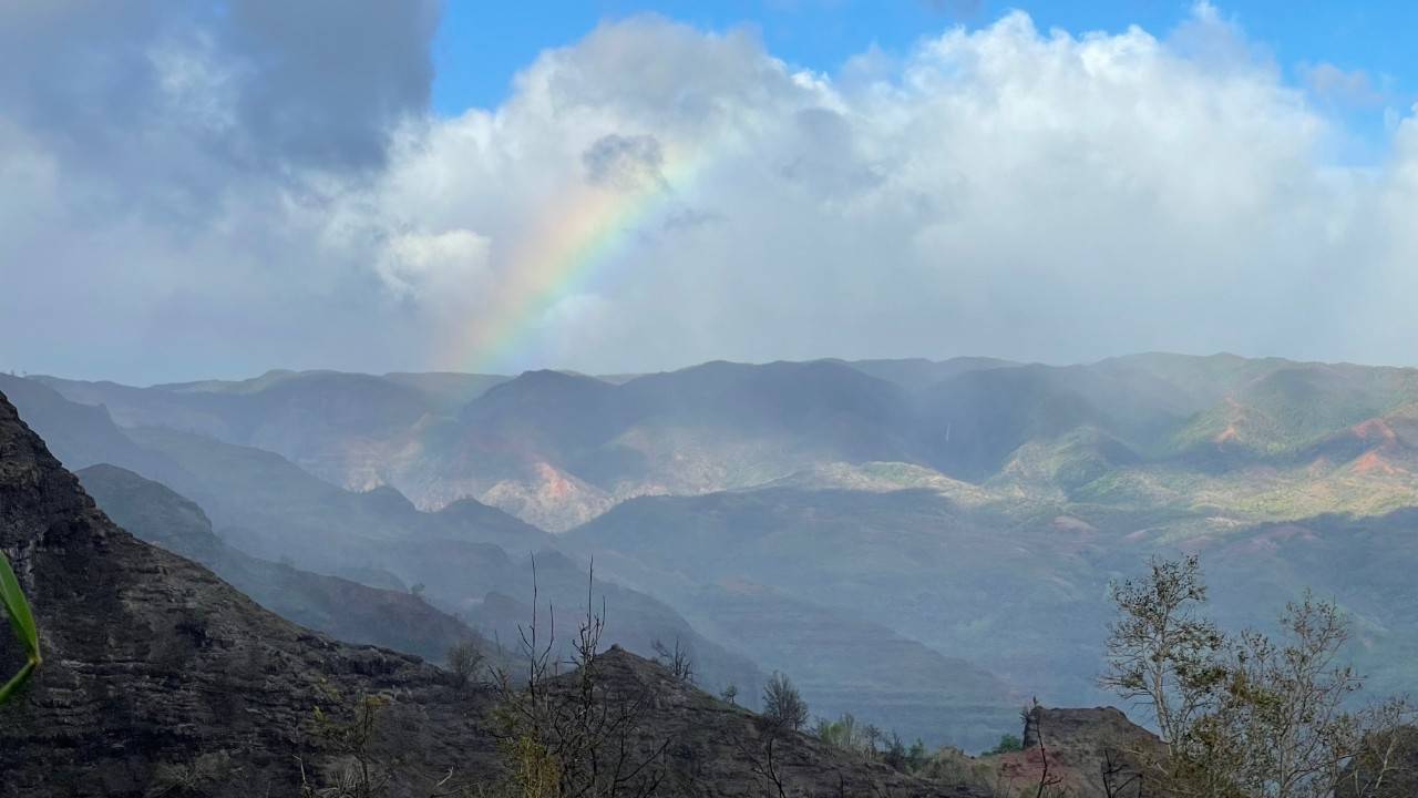 Photograph of Waimea Canyon in Hawaii with a rainbow rising from mist
