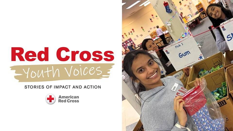 Red Cross Youth Voices banner with smiling youth volunteers sorting donation items in boxes. The setting is cheerful and collaborative.