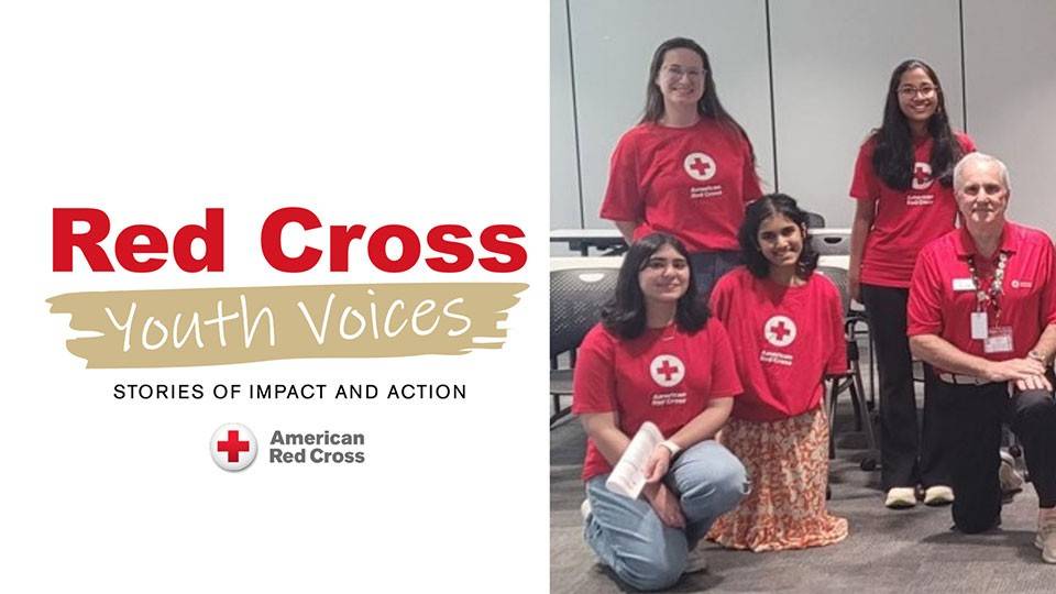 Five Red Cross volunteers pose happily for a group photo indoors. Text on left reads "Red Cross Youth Voices: Stories of Impact and Action."