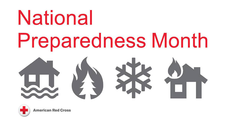 national preparedness month banner with 4 icons of natural disasters and a Red Cross logo.