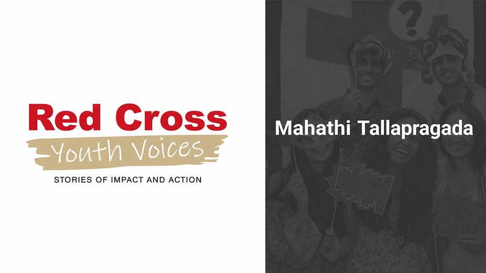 Red Cross Youth Voices logo on the left with the text "Stories of Impact and Action." On the right, a faded image of smiling youths holding signs.