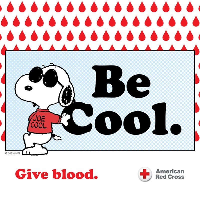 Snoopy with Be Cool and Give Blood banner