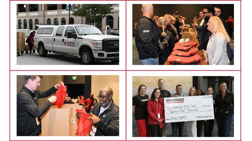 Collage of four images showing Red Cross activities: a Red Cross truck, volunteers packing kits, assembling supplies, and a group holding a donation check.