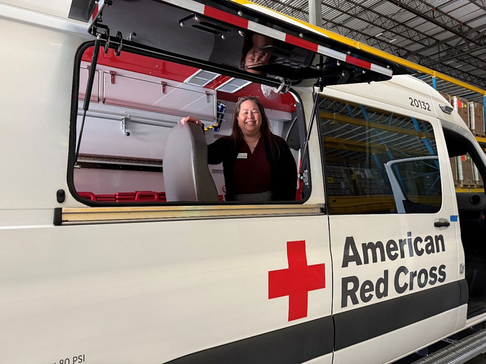 Stephanie Valadez at the Red Cross Disaster Field Supply Center, in an Emergency Response Vehicle.