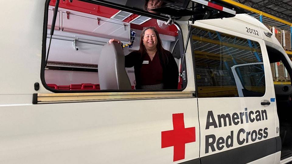 Stephanie Valadez at the Red Cross Disaster Field Supply Center, in an Emergency Response Vehicle.