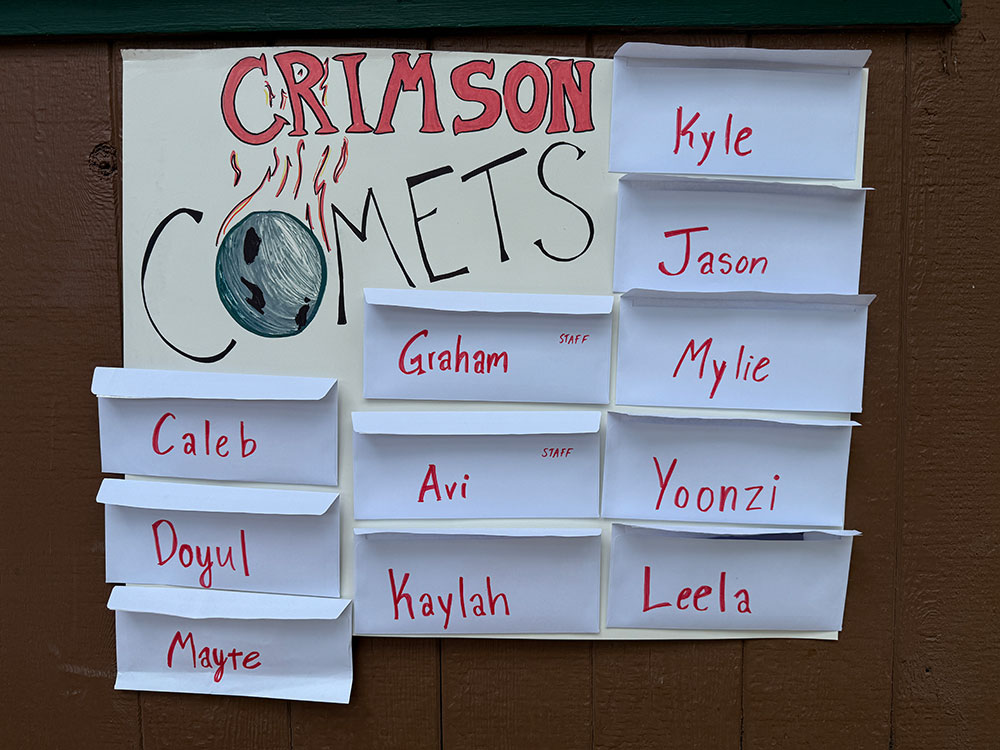 A Crimson Comets squad mailbox with a drawing of the Crimson Comets logo and open envelopes with names written on them.