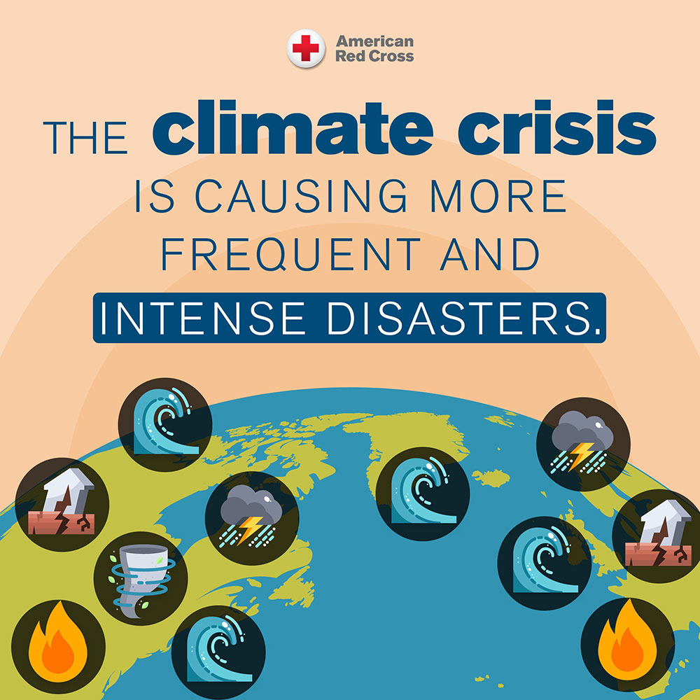 Illustration of Earth with icons of natural disasters like fires, hurricanes, and floods. Text reads, 'The climate crisis is causing more frequent and intense disasters.' American Red Cross logo above.