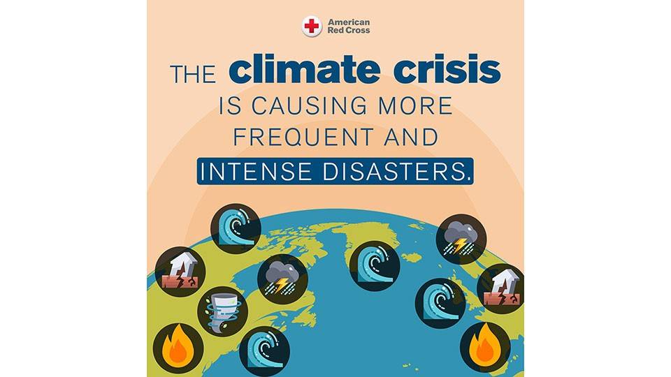 Illustration of Earth with icons of natural disasters like fires, hurricanes, and floods. Text reads, 'The climate crisis is causing more frequent and intense disasters.' American Red Cross logo above.