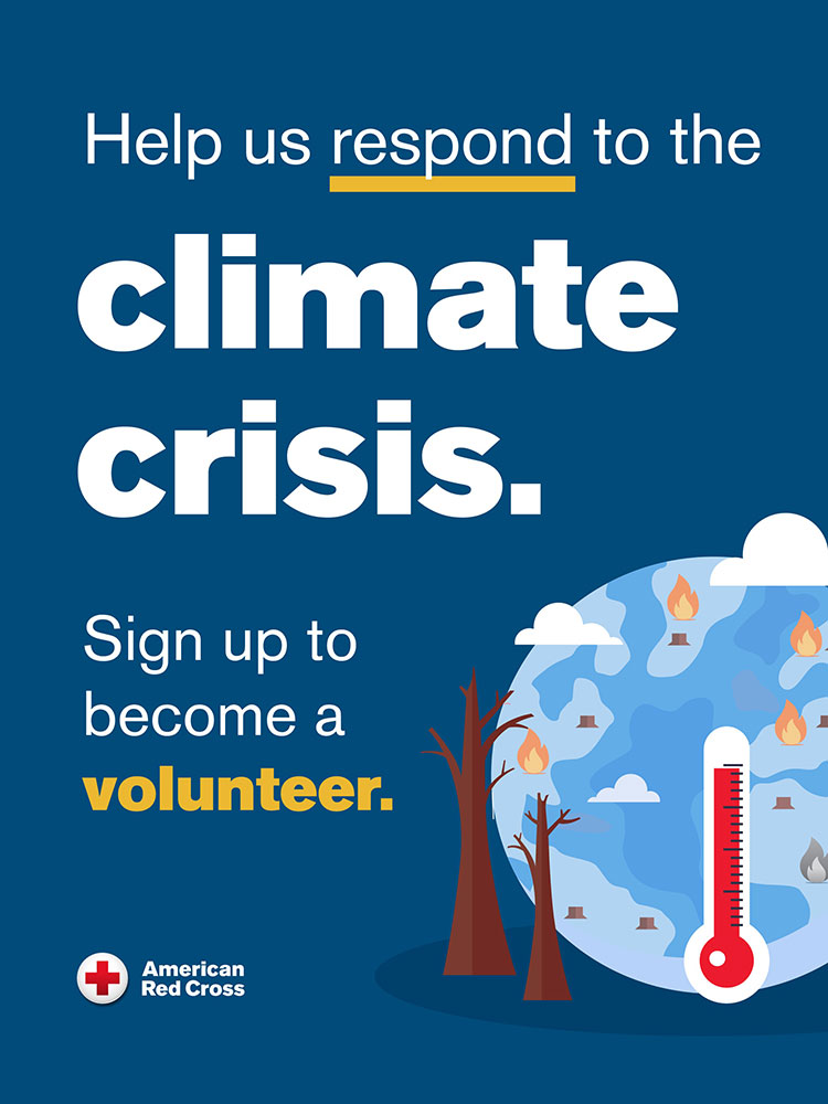 Poster with text "Help us respond to the climate crisis. Sign up to become a volunteer." Features burning trees, Earth with flames, thermometer, Red Cross logo.
