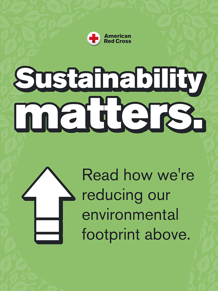 Green background with leaf patterns, bold text reads "Sustainability matters." Below, an arrow and text: "Read how we're reducing our environmental footprint above."