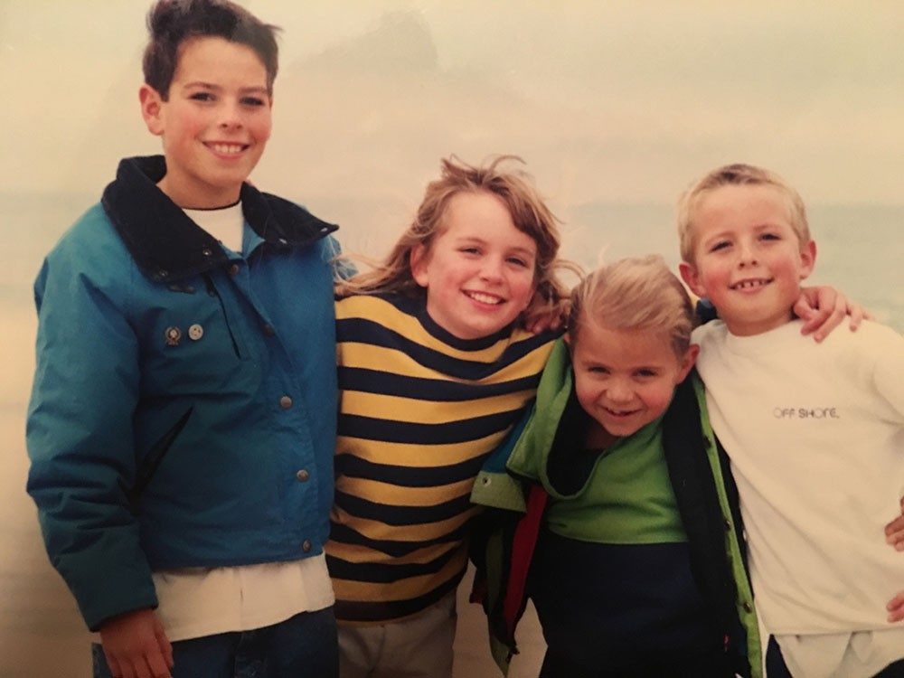 Katie and her brothers, fall 1995, L to R: Jack, Katie, Kevin, and Ben