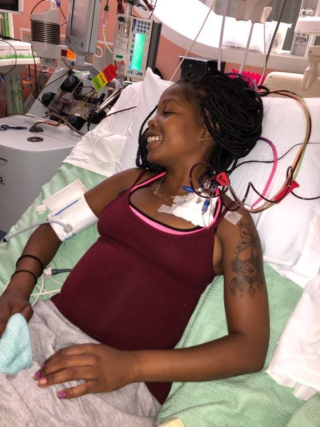 Calvanay Nunley receives donated blood during a red blood cell exchange treatment
