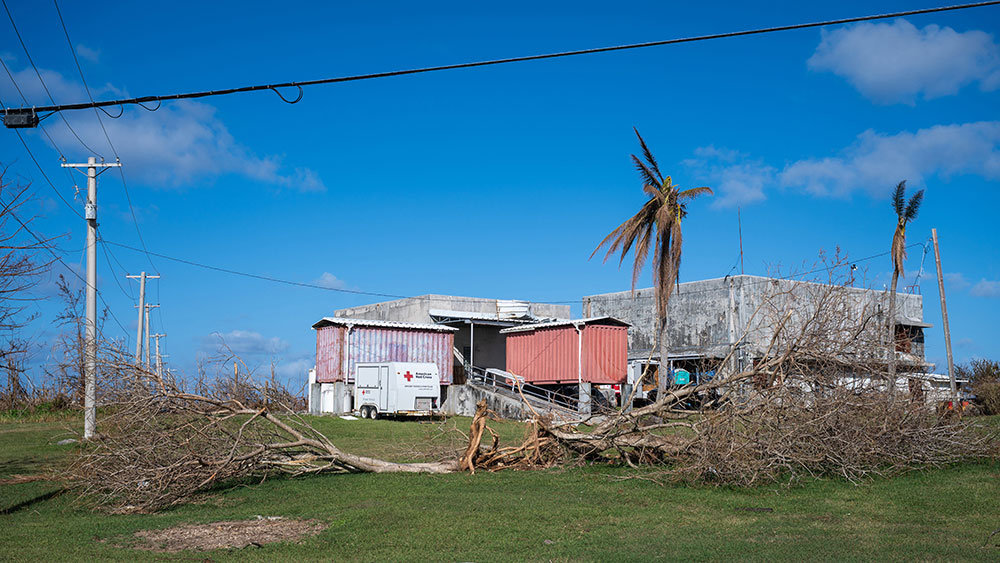 Red Cross Northern Mariana Islands Chapter Office with some fallen trees next to it.