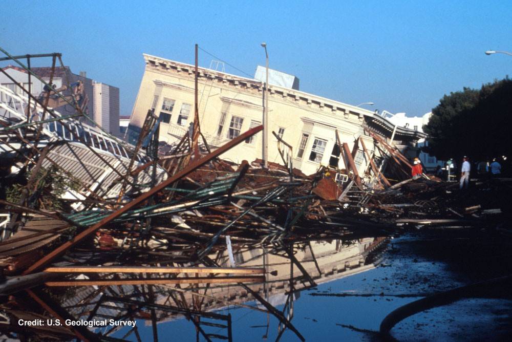 Collapsed and burned buildings at Beach and Divisadero in the Marina District.