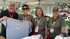 Red Crossers Colin Clover, Ziya Dikhan, Mary Lee and Penny Mount greeted veterans at the Santa Clara County Stand Down