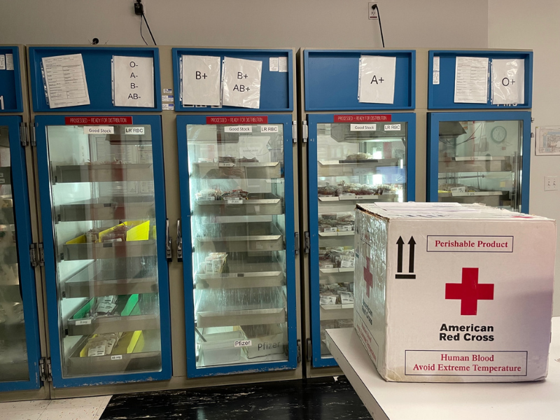 Red blood cells stored in refrigerator