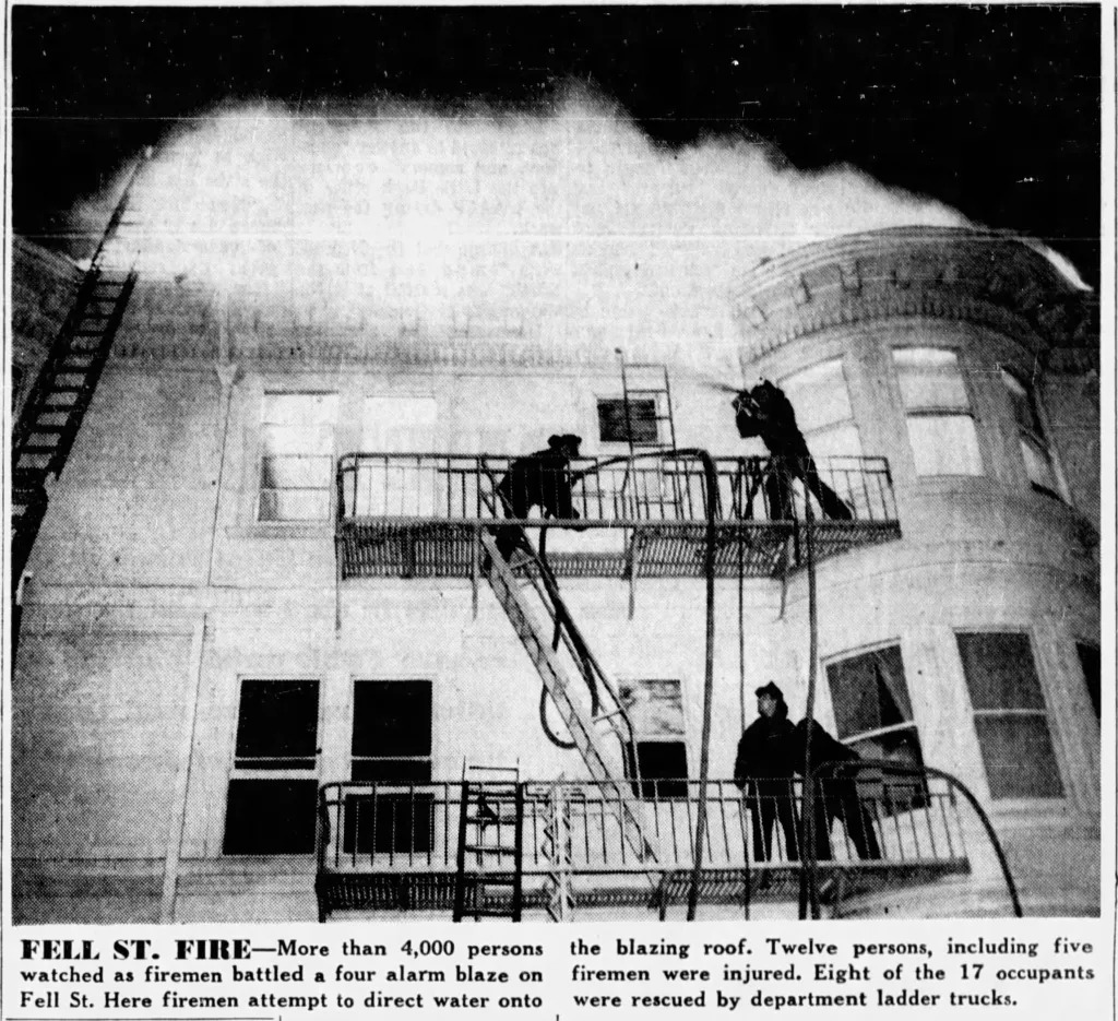 news article from 1957 with photo of fell street fire