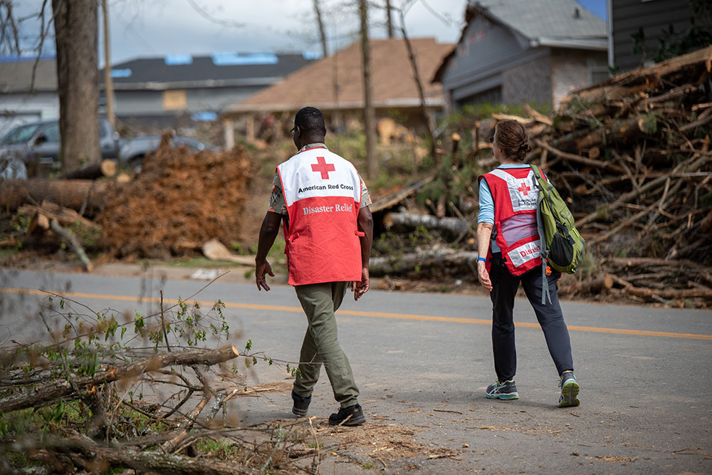 Red Cross volunteers walking on road with piles of broken trees on the side of the road.
