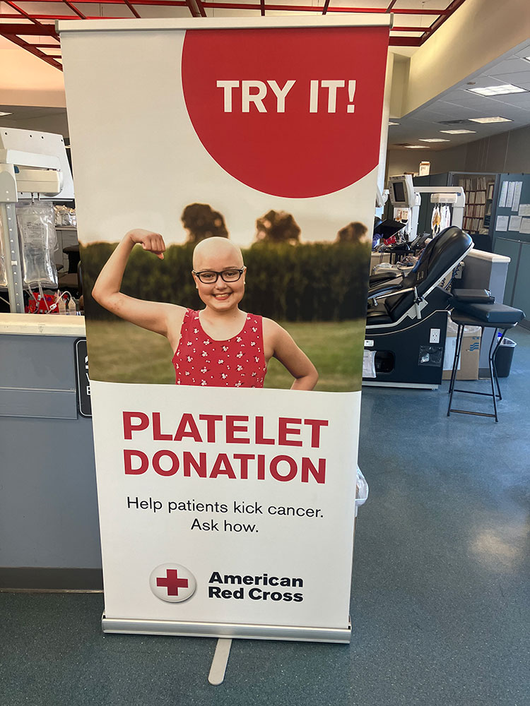 Platelet donation banner in the blood donation center.