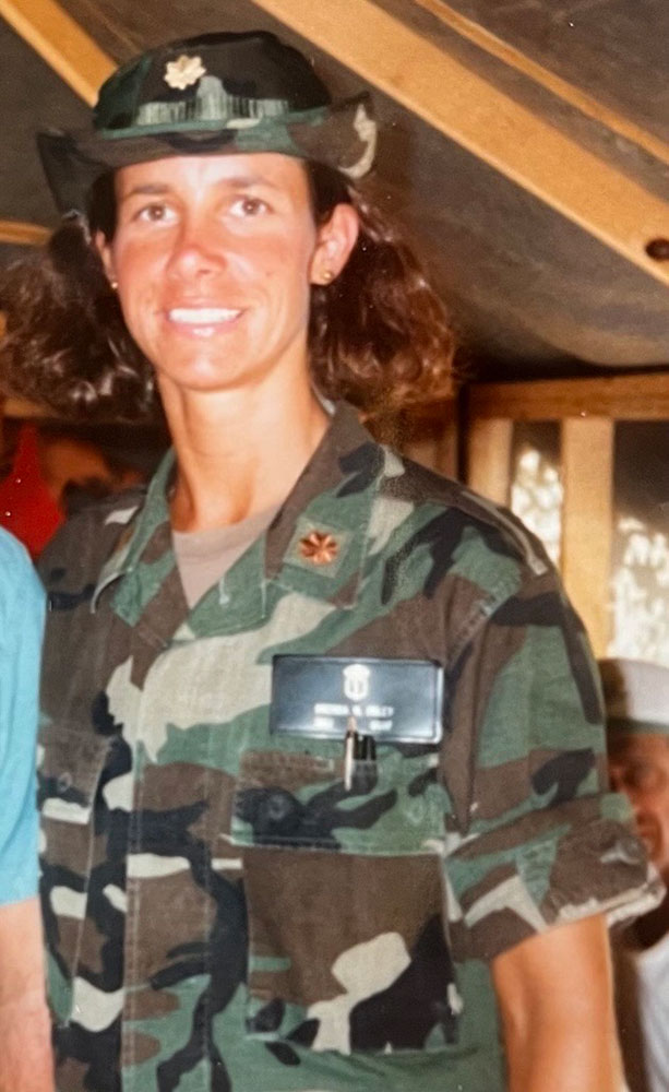 Brenda Foley in military camo clothing.