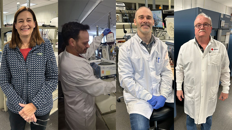 photo collage of four lab professionals at their workplace.