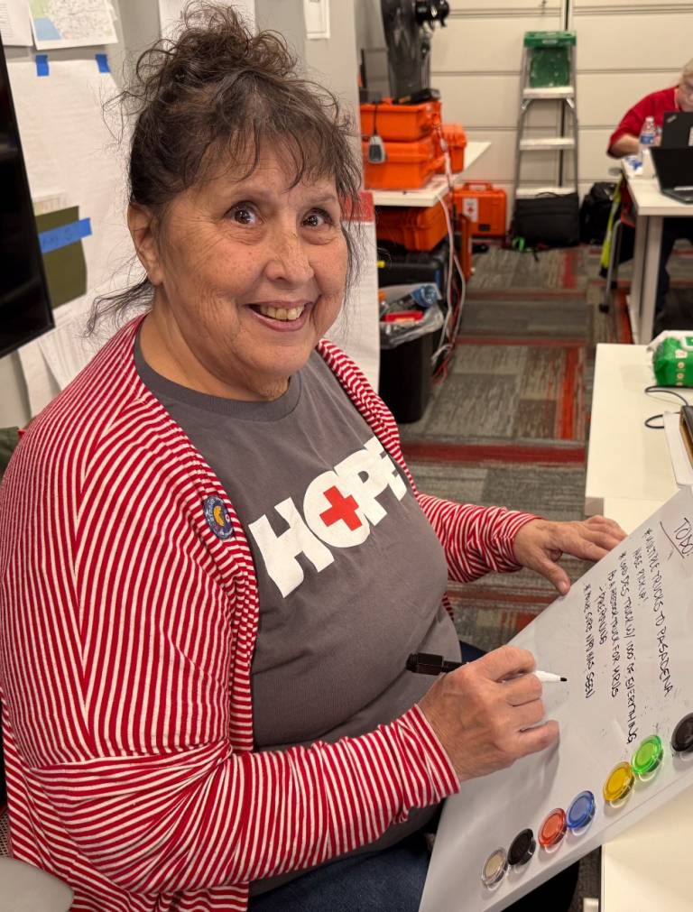 Julia Bishop works in Red Cross Headquarters during the California wildfires disaster response