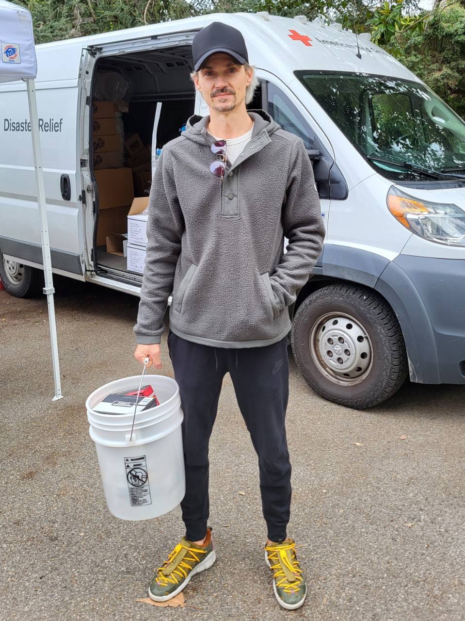 Michael Grey visits an emergency supply distribution site