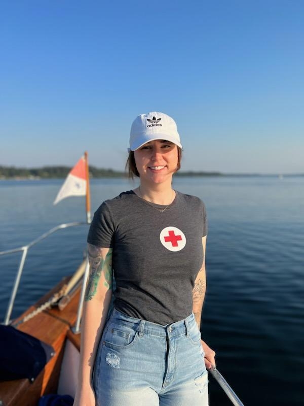 red crosser Kristin Mather on boat