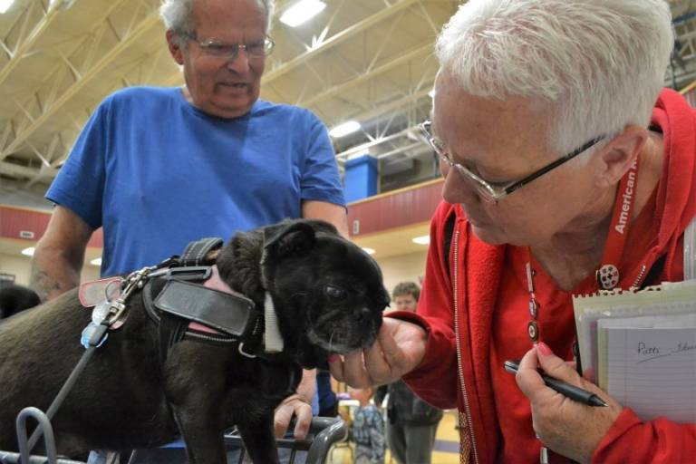  Disaster Program Manager Sherry Schauer pets Jim Harrison’s pug, Shirley, while they visit a resource center for supplies and information a week after a tornado hit Shawnee, Oklahoma.