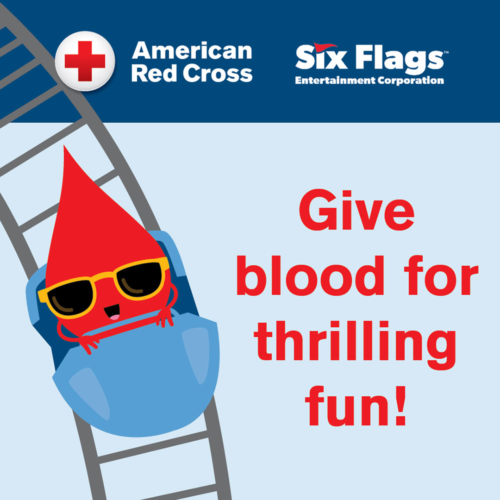 A poster promoting blood donation with a blood drop wearing sunglasses on a rollercoaster graphics and the tagline "Give Blood for Thrilling Fun." 
