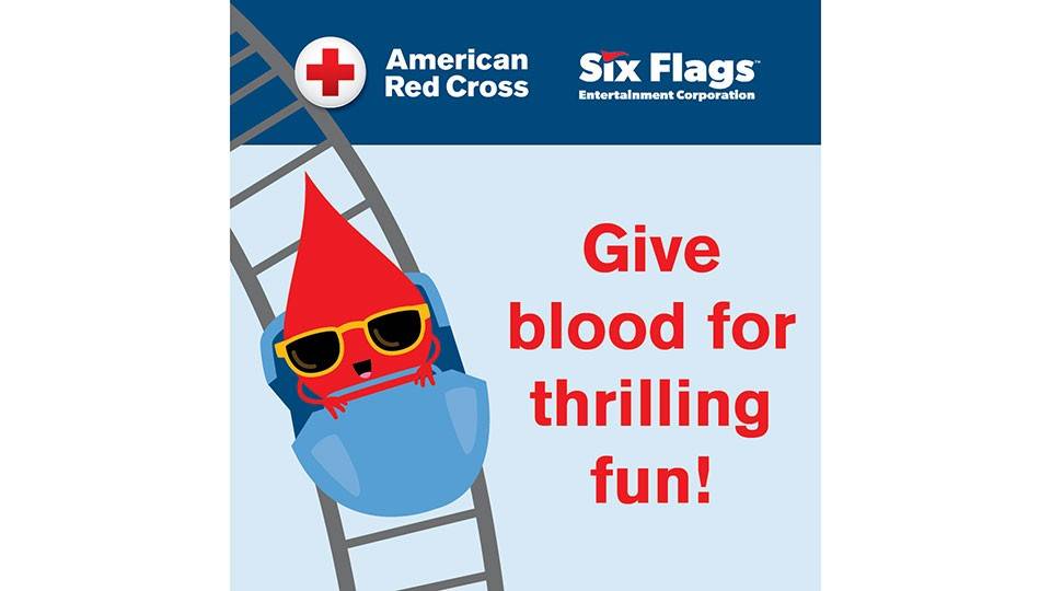A poster promoting blood donation with a blood drop wearing sunglasses on a rollercoaster graphics and the tagline "Give Blood for Thrilling Fun." 