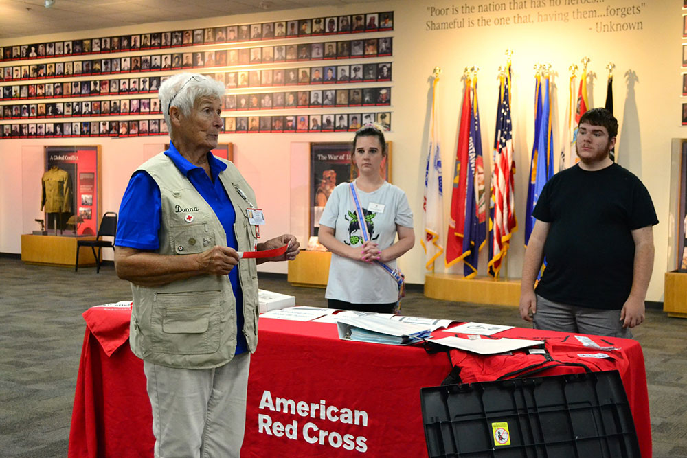 Volunteer Donna Hill teaches at a Red Cross shelter academy in Shawnee.
