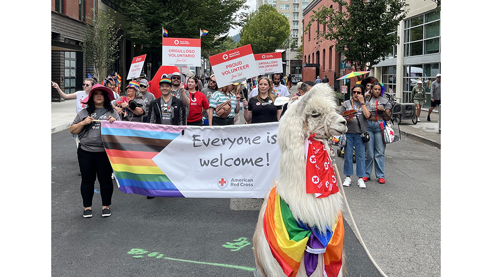 people walking in the Pride parade holding a large Everyone is welcome! banner with a lama with a red cross scarf a pride flag at the front.