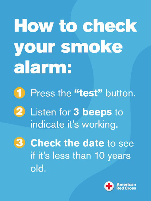 how to check your smoke alarm graphic with three steps. 1, press the "test" button. 2, listen for 3 beeps to indicate it's working. 3, check the date to see if it's less than 10 years old.