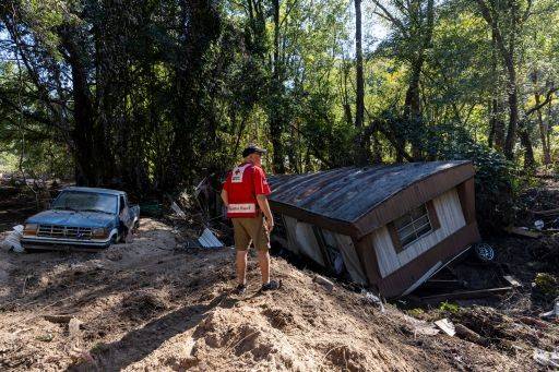 Red Cross responder reviews damage to a house on the west coast.