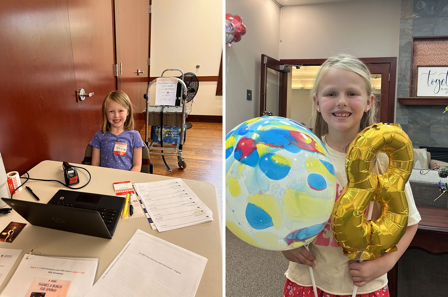 Olivia holding balloons and sitting at a desk at her 8th birthday blood drive.