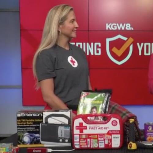 Red Cross representative standing in front of a preparedness kit display