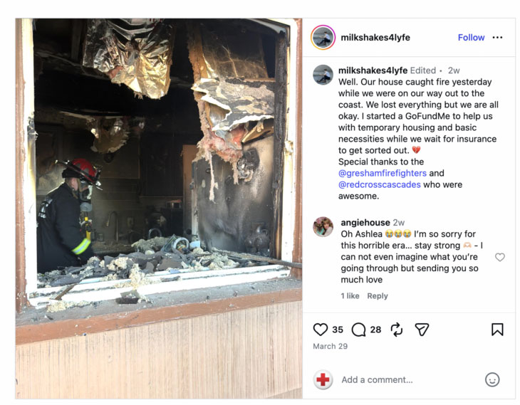 A firefighter in gear examines a severely damaged, burnt room visible through a window frame. The walls and ceiling are charred, with debris scattered inside.
