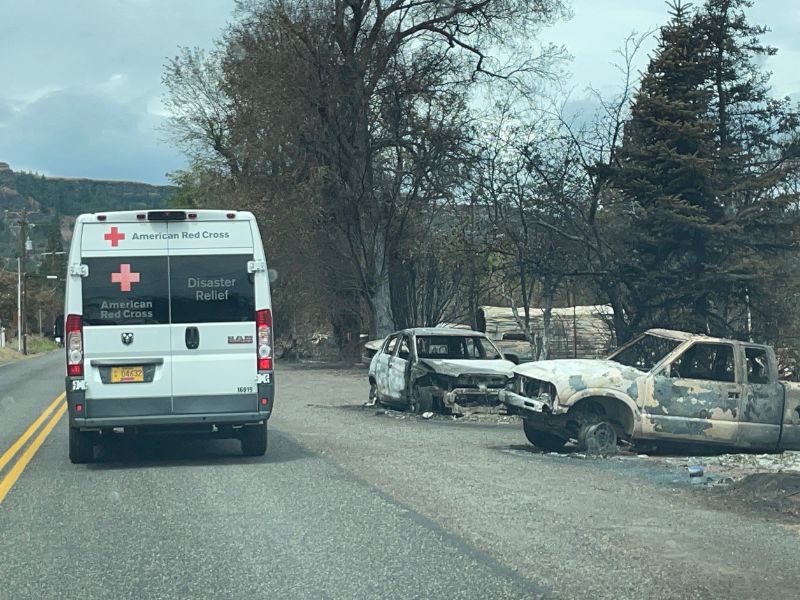 disaster relief vehicle driving down road