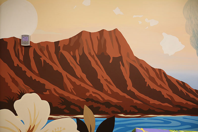 Mural painting on the inside wall of a Red Cross building of a flower, lake and mountain.