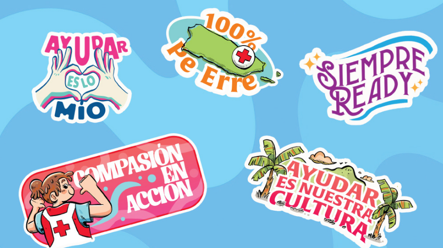 Cinco stickers en fondo azul.