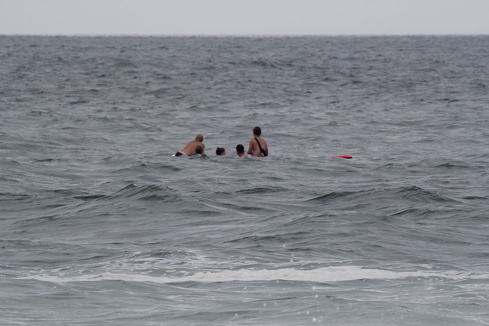 5 people swimming in the ocean's rough surf.