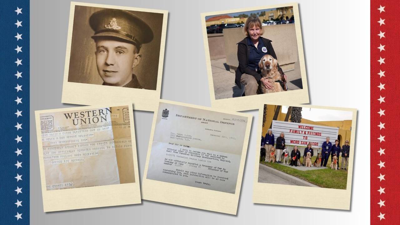 A collage of photos with a star border on both sides. There are polaroid photos laid out of a gentleman in a uniform, a Western Union telegram, a letter,  a woman and a dog, and a group of women and dogs.