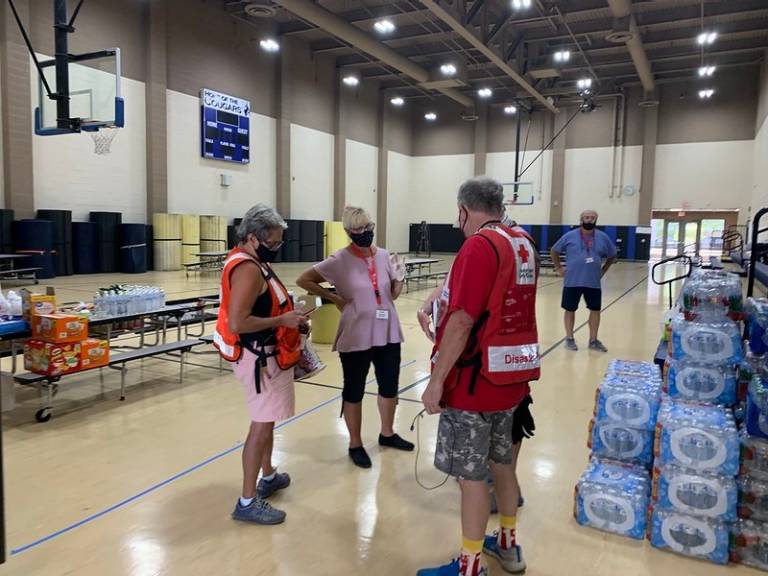 Red Cross volunteers inside Temporary Evacuation Point