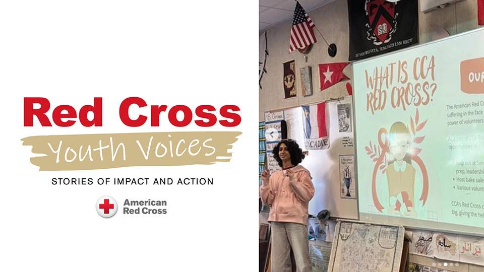 Red Cross Youth Voices. A classroom presentation on the CCA Red Cross. The speaker, Helen Afshar, smiles while presenting slides titled "What is CCA Red Cross?" to engaged students.