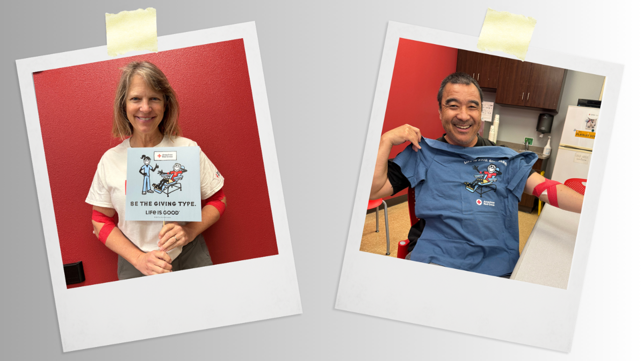 Two polaroid pictures next to each other against a grey and white backdrop. The picture on the left is a blood donor holding a sign that says be the giving type life is good. The blood donor on the right is holding up a blue t-shirt and has a bandage wrapped around their arm.