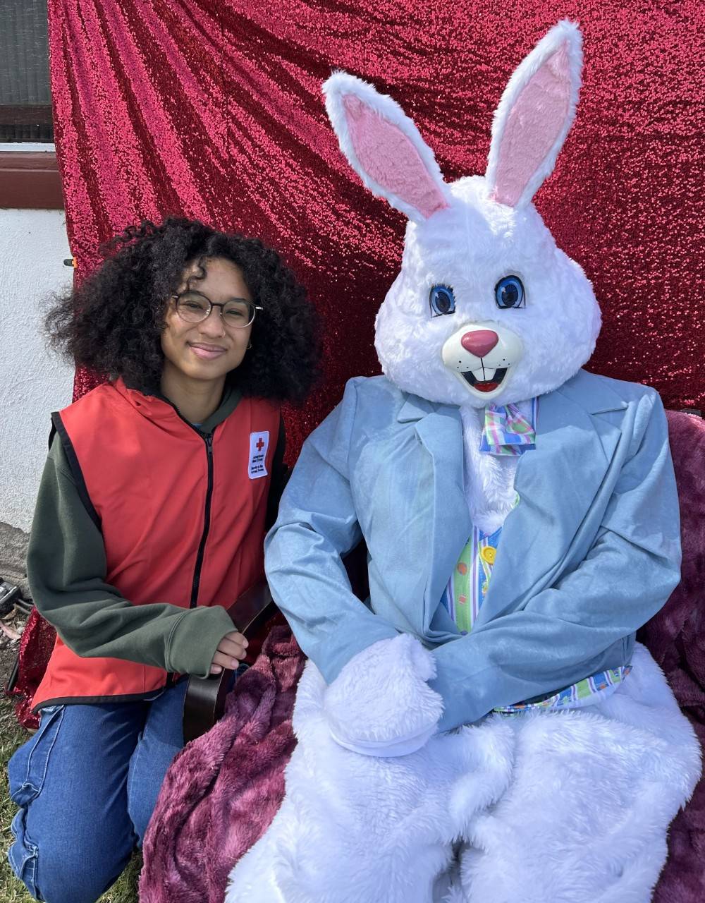 Myka Green with a mascot Bunny 