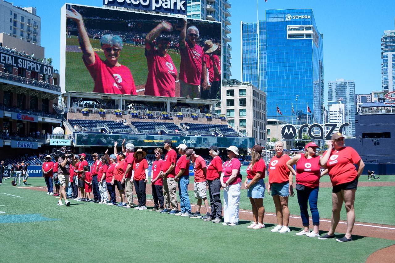 Red Cross volunteers lining the Petco Park field