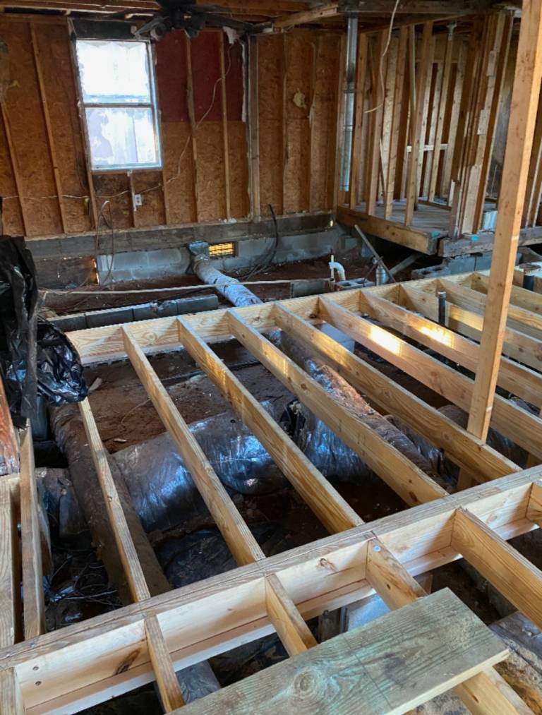 Inside of a house with rebuilt floors