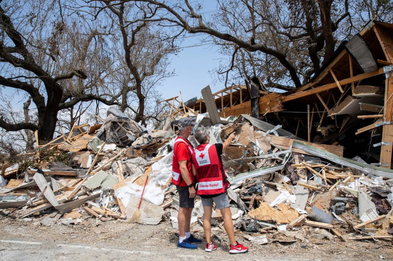 September 1, 2020. Cameron Parish, Louisiana
American Red Cross husband and wife volunteers Jeff and Gina Rittgers do damage assessment in Cameron Parish, LA one of the hardest hit areas by Hurricane Laura, on Tuesday, September 01, 2020.
Photo by Scott Dalton/American Red Cross